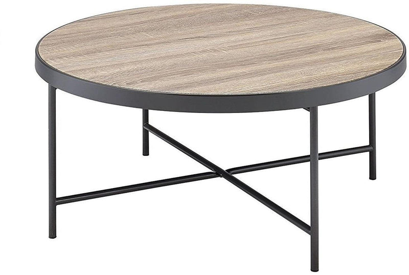 32" Brown and Black Wood And Iron Round Coffee Table - Living Room