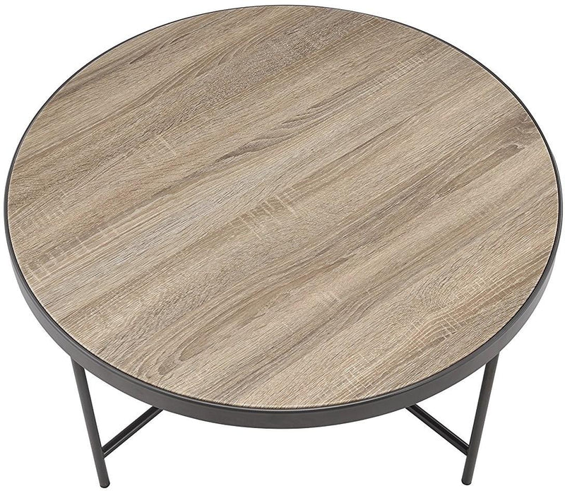 32" Brown and Black Wood And Iron Round Coffee Table - Living Room