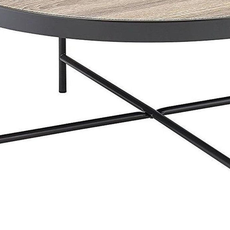 32" Brown and Black Wood And Iron Round Coffee Table - Living Room