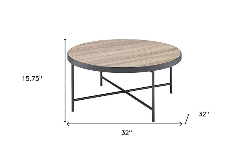 32" Brown and Black Wood And Iron Round Coffee Table - Living Room