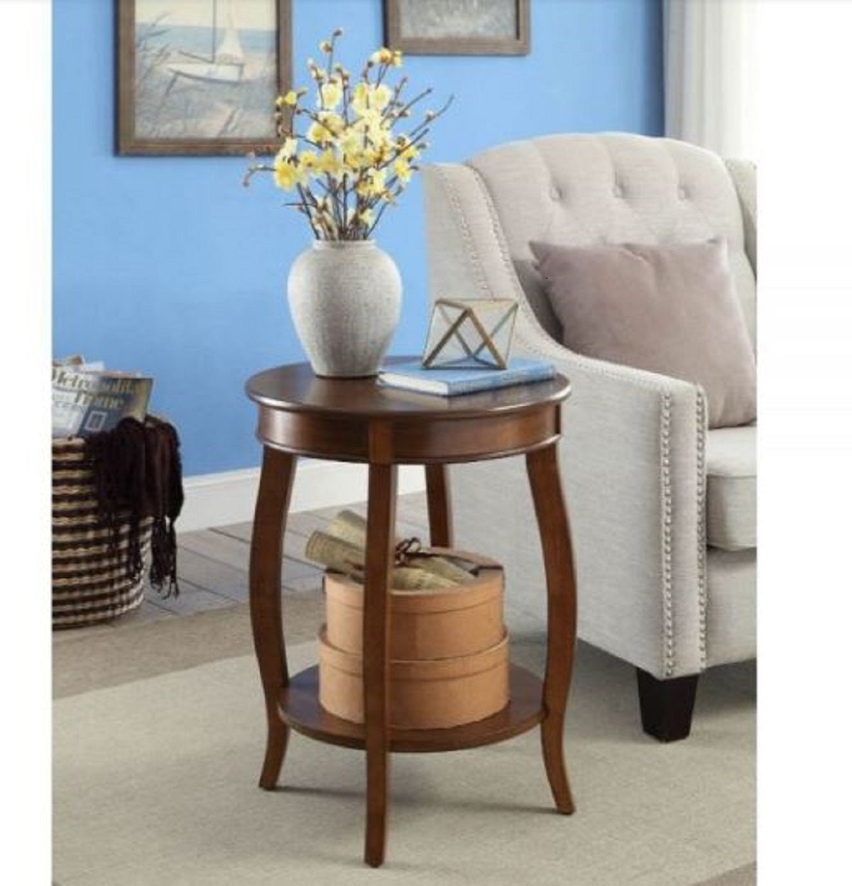 24" Brown Solid Wood Round End Table With Shelf - Living Room