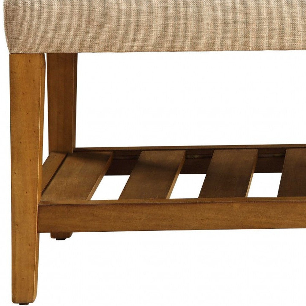 40" Beige and Brown Upholstered Polyester Bench with Shelves - Living Room