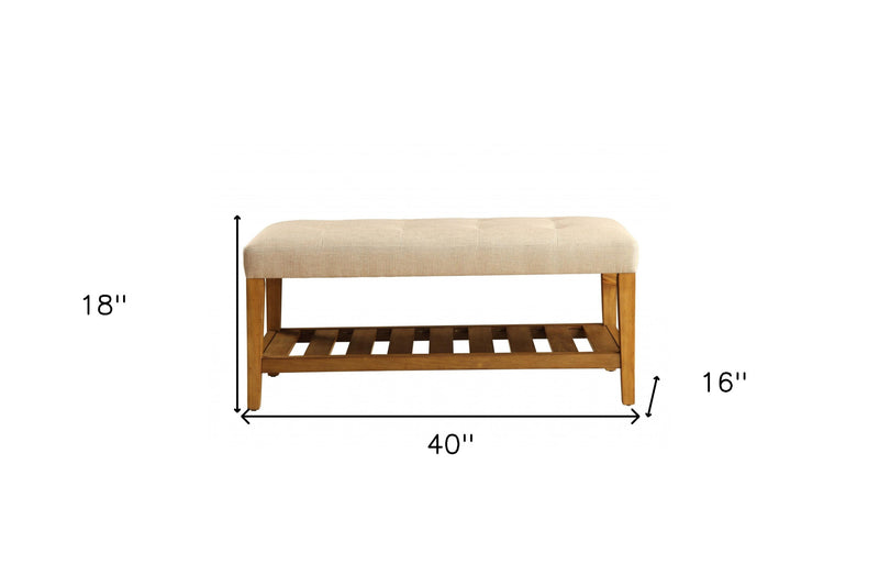 40" Beige and Brown Upholstered Polyester Bench with Shelves - Living Room