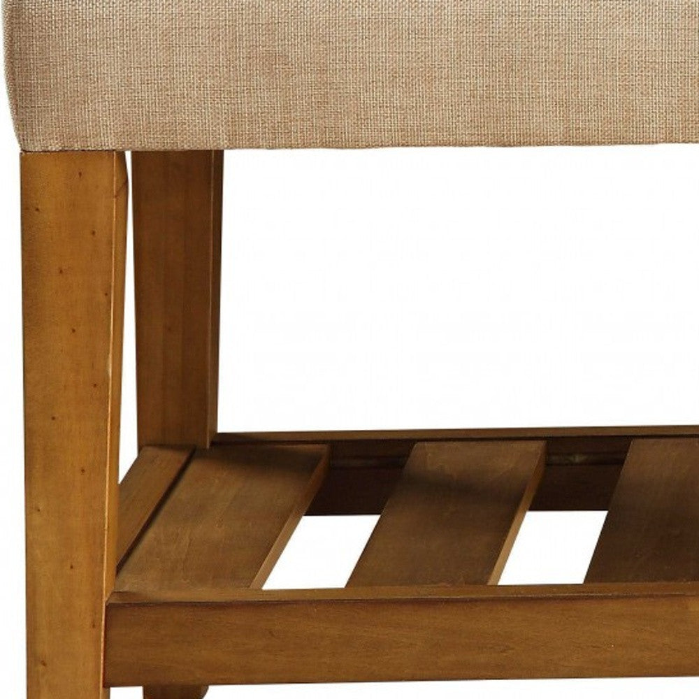 40" Beige and Brown Upholstered Polyester Bench with Shelves - Living Room
