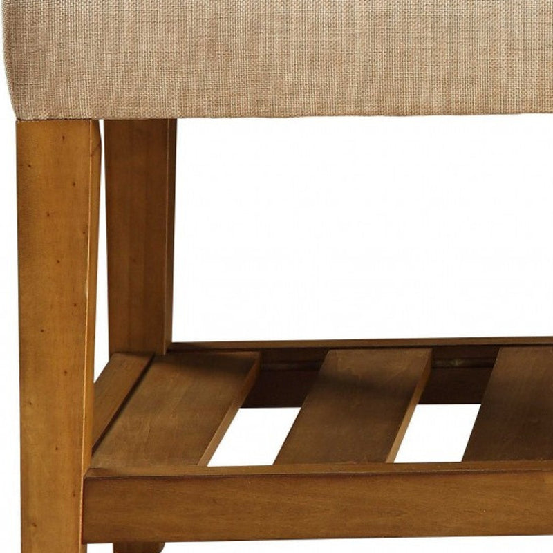 40" Beige and Brown Upholstered Polyester Bench with Shelves - Living Room