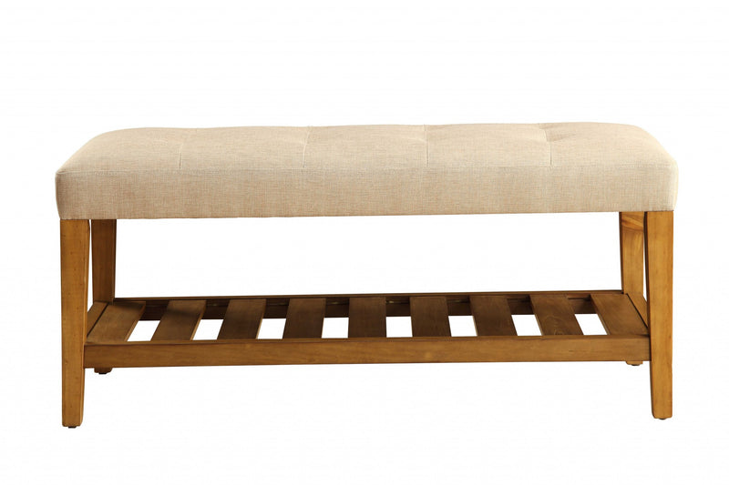 40" Beige and Brown Upholstered Polyester Bench with Shelves - Living Room