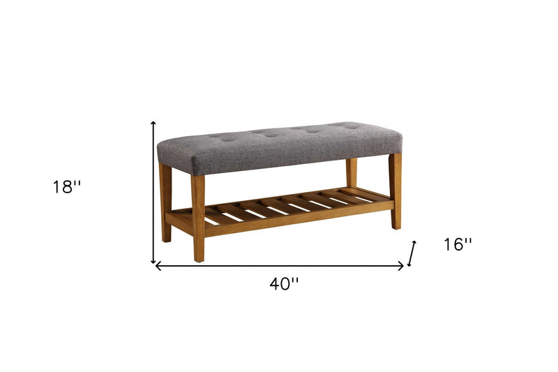 40" Gray and Brown Linen Blend and Solid Wood Upholstered Storage Bench With Shelves - Living Room