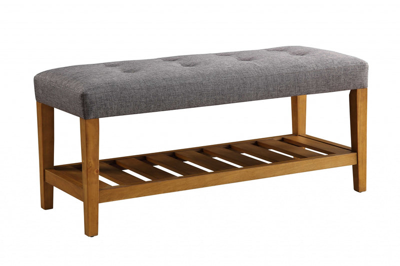 40" Gray and Brown Linen Blend and Solid Wood Upholstered Storage Bench With Shelves - Living Room