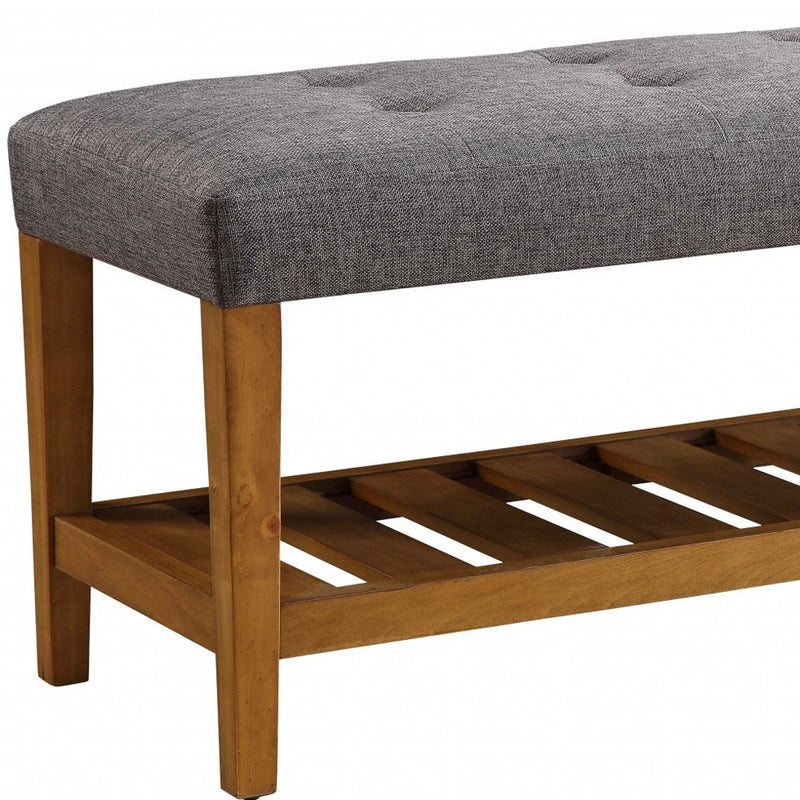 40" Gray and Brown Linen Blend and Solid Wood Upholstered Storage Bench With Shelves - Living Room