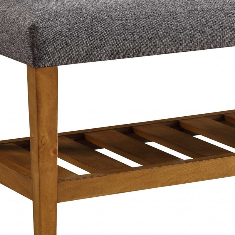 40" Gray and Brown Linen Blend and Solid Wood Upholstered Storage Bench With Shelves - Living Room