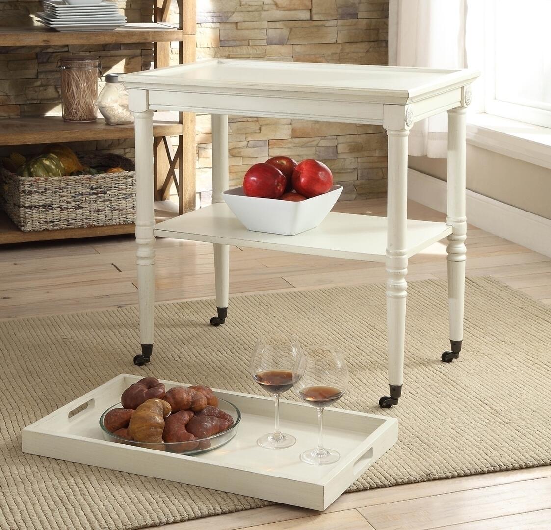 30" Antiqued White Wood Rolling Bar Cart - Kitchen & Dining