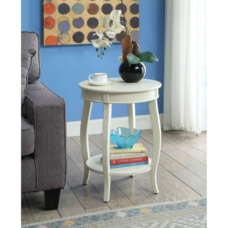 24" White Solid Wood Round End Table With Shelf - Living Room