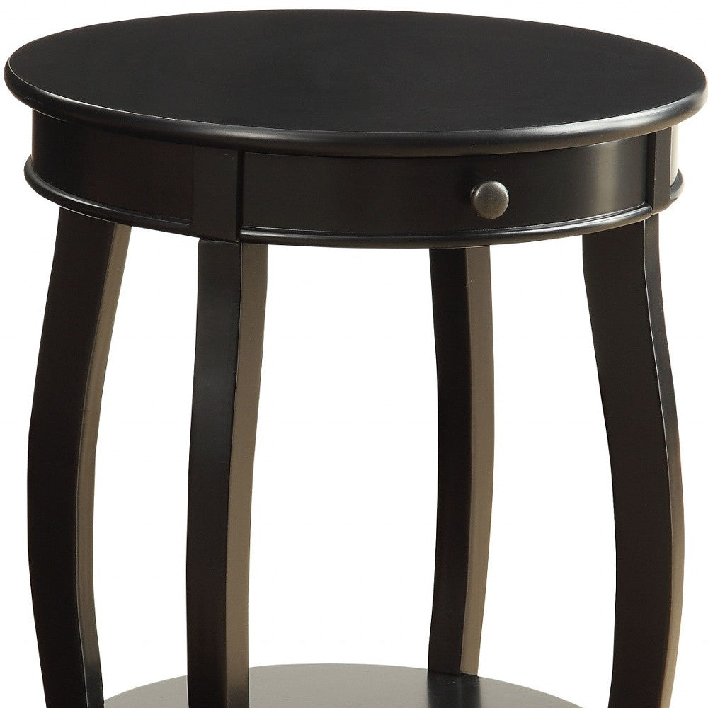 24" Black Wood Round End Table With Drawer And Shelf - Living Room