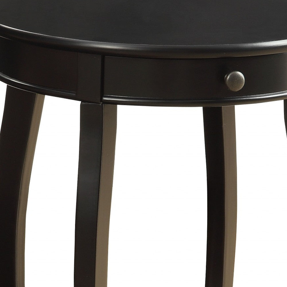 24" Black Wood Round End Table With Drawer And Shelf - Living Room