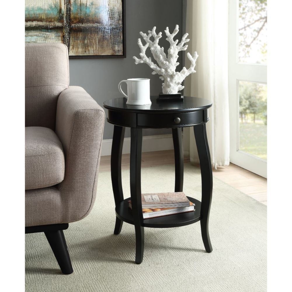 24" Black Wood Round End Table With Drawer And Shelf - Living Room