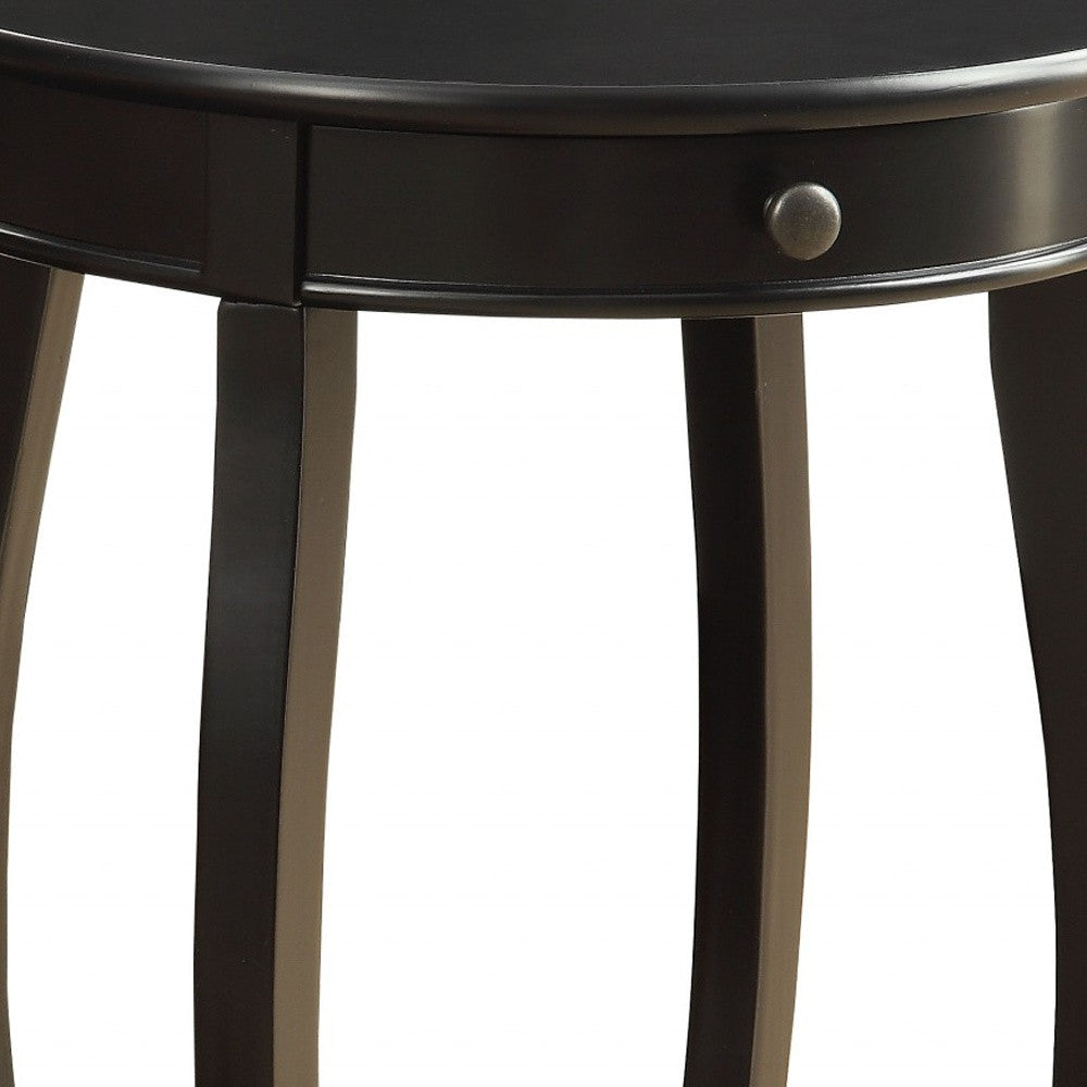 24" Black Wood Round End Table With Drawer And Shelf - Living Room