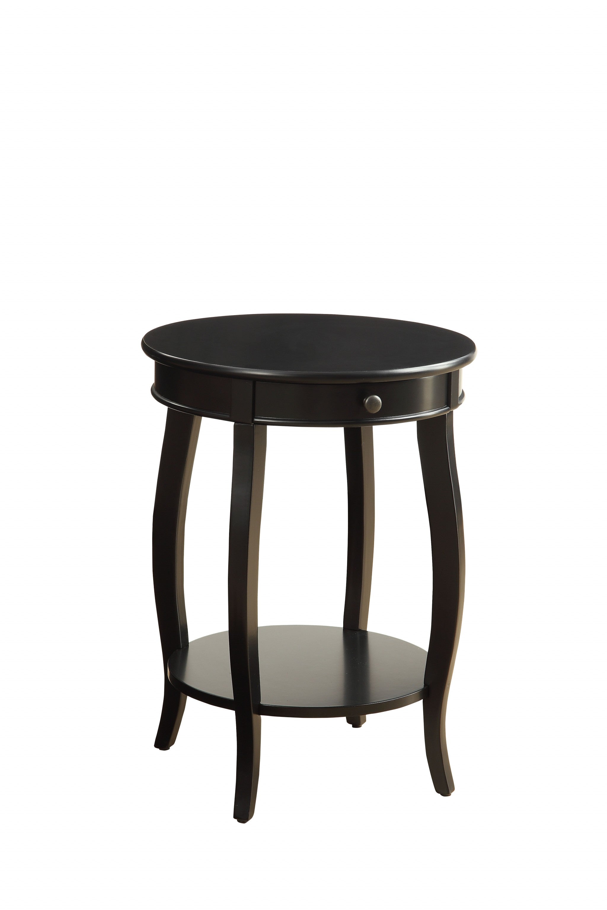 24" Black Wood Round End Table With Drawer And Shelf - Living Room