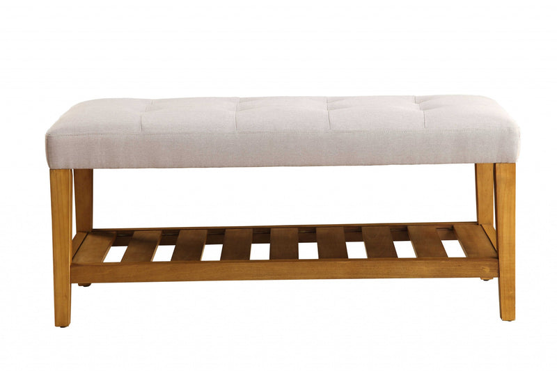 40" Light Gray and Brown Upholstered Polyester Bench with Shelves - Living Room