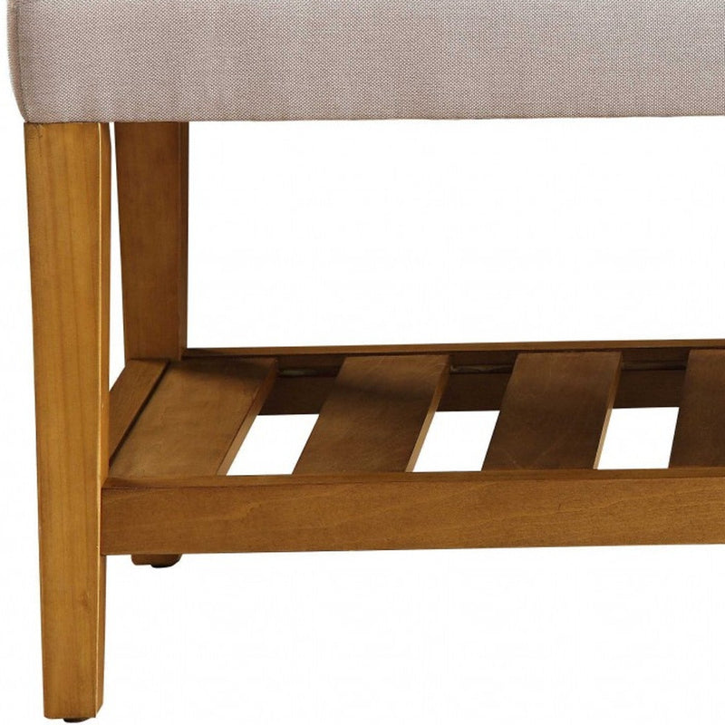 40" Light Gray and Brown Upholstered Polyester Bench with Shelves - Living Room