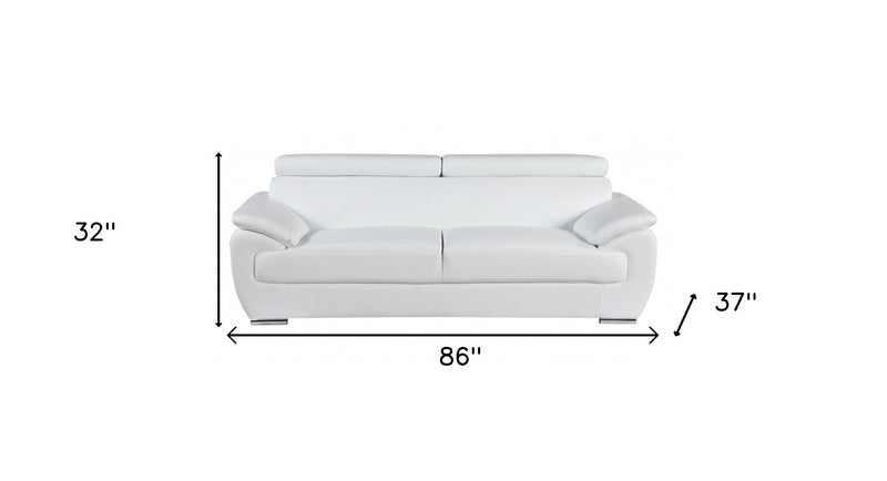 86" White Leather Sofa With Silver Legs - Living Room