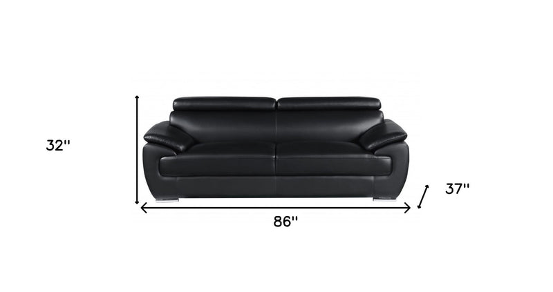 86" Black Leather Sofa With Silver Legs - Living Room