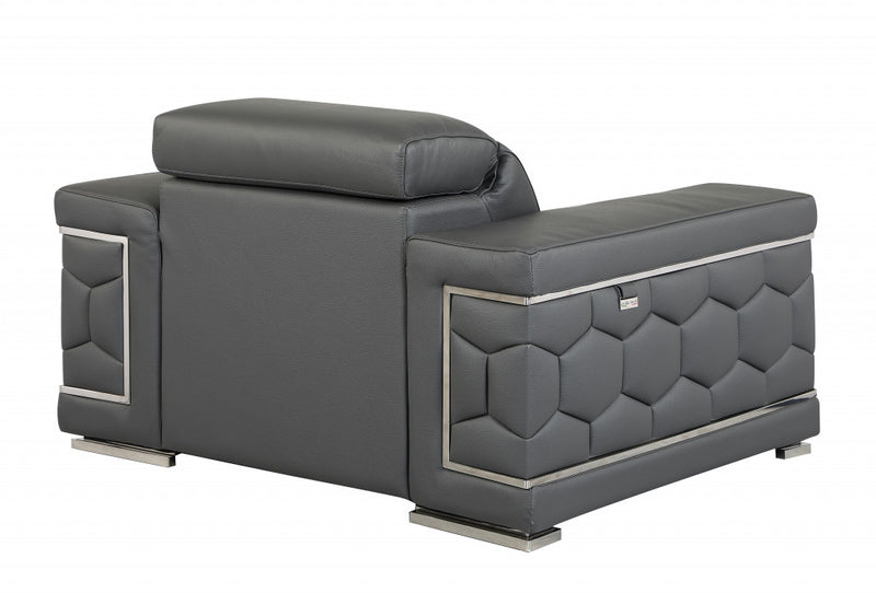 47" Dark Gray And Silver Genuine Leather Arm Chair - Living Room