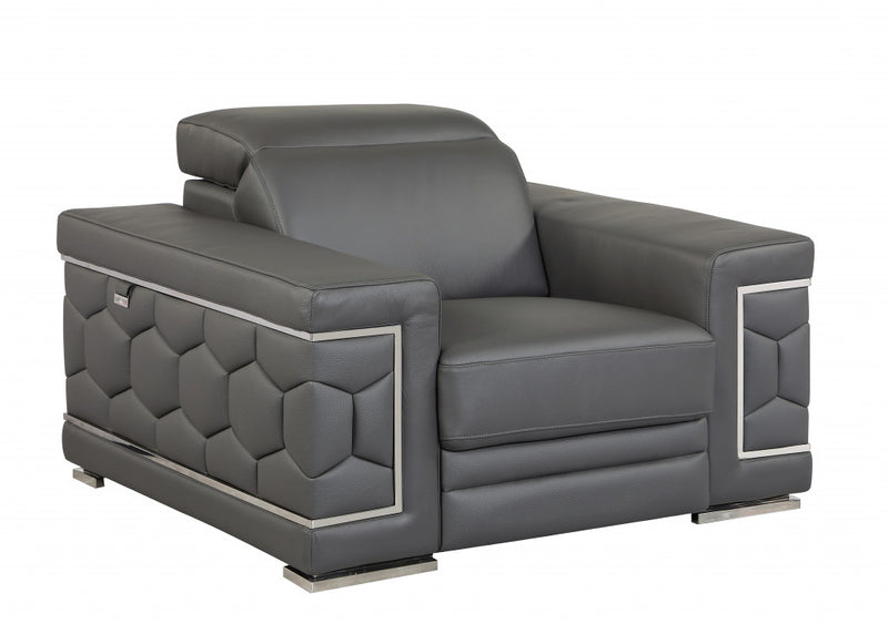 47" Dark Gray And Silver Genuine Leather Arm Chair - Living Room