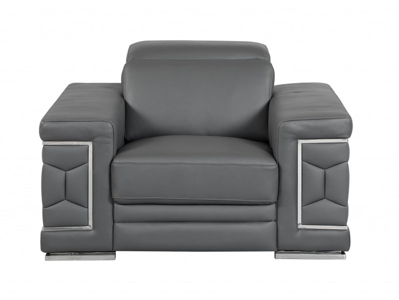 47" Dark Gray And Silver Genuine Leather Arm Chair - Living Room
