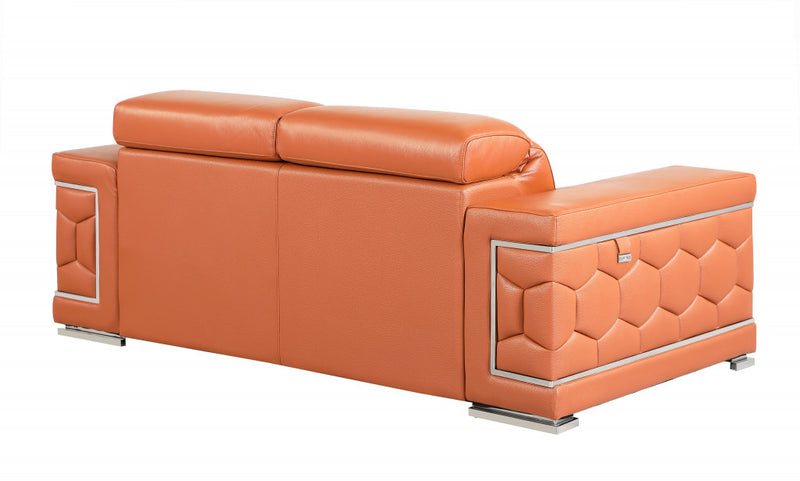 71" Camel And Silver Genuine Leather Love Seat - Living Room