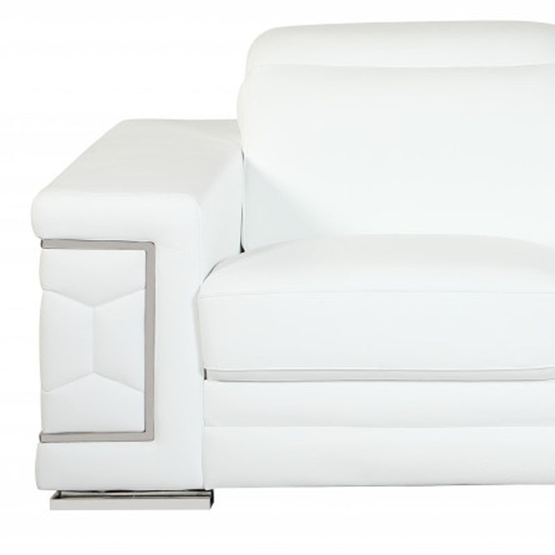 71" White Italian Leather Sofa With Silver Legs - Living Room