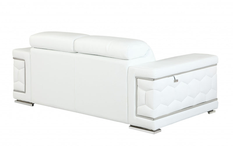 71" White Italian Leather Sofa With Silver Legs - Living Room