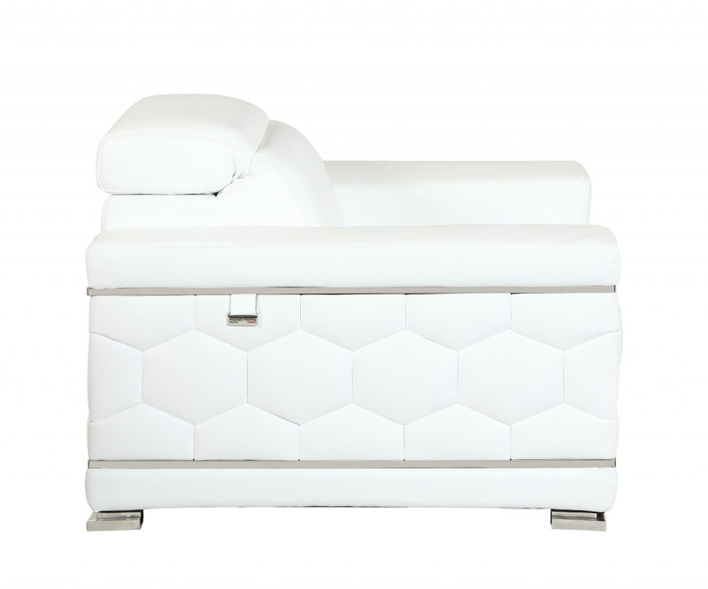 71" White Italian Leather Sofa With Silver Legs - Living Room