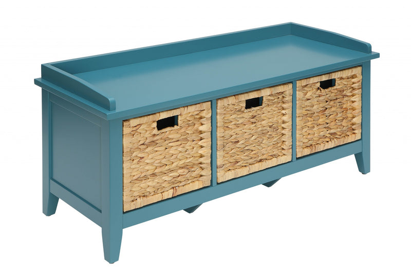 43" Teal Blue Solid Wood Storage Bench with Drawers - Living Room