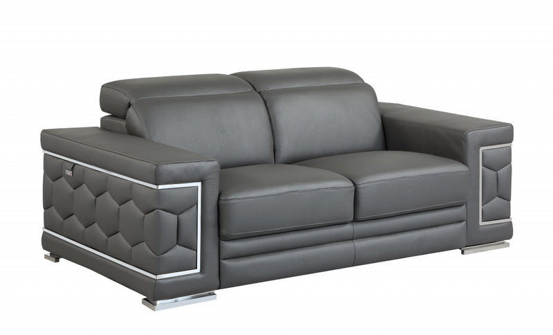 71" Gray And Silver Genuine Leather Love Seat - Living Room