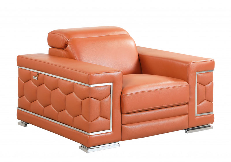 47" Brown And Silver Genuine Leather Arm Chair - Living Room