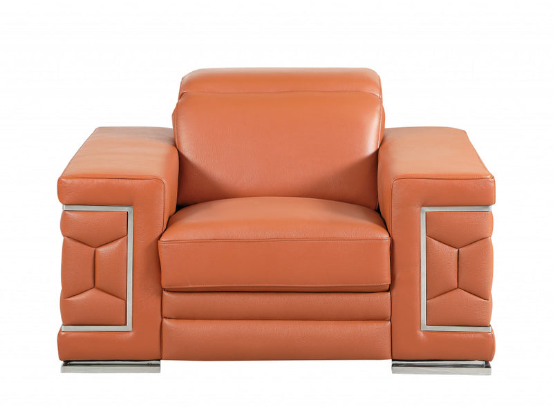 47" Brown And Silver Genuine Leather Arm Chair - Living Room