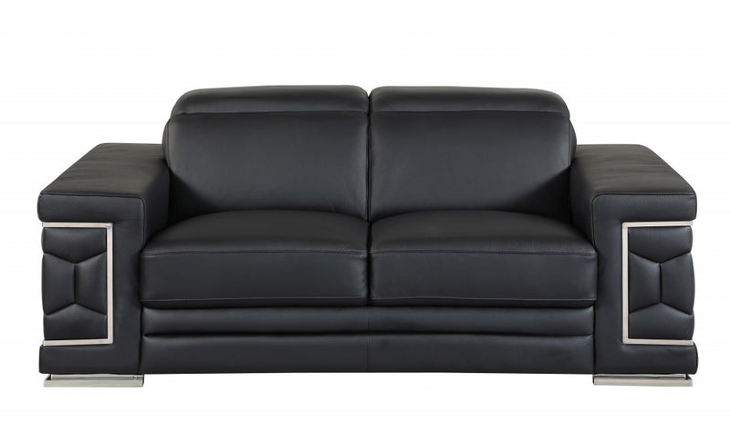 71" Black And Silver Genuine Leather Love Seat - Living Room