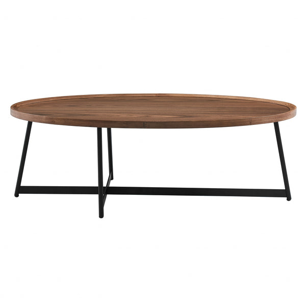 Oval coffee table with warm brown wood top and black metal frame