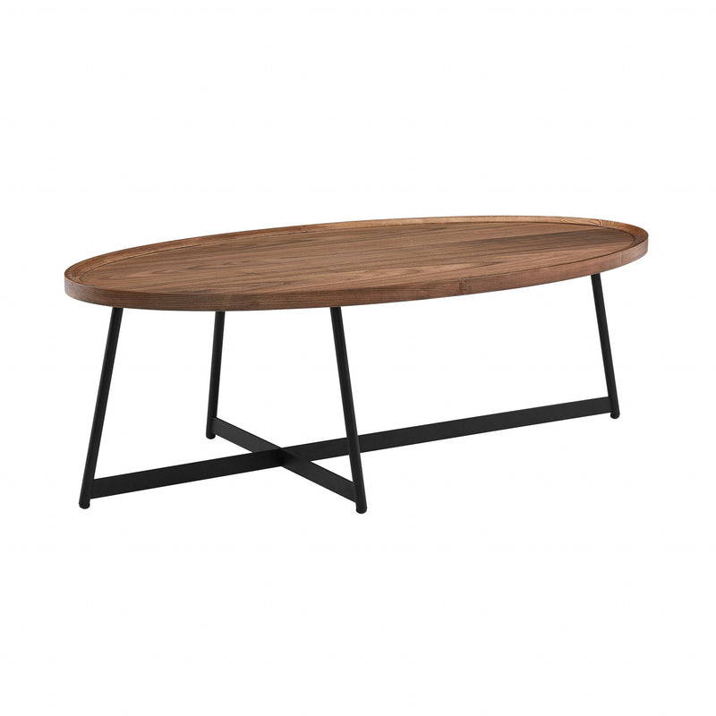 Oval coffee table with brown wood top and black metal cross-brace legs
