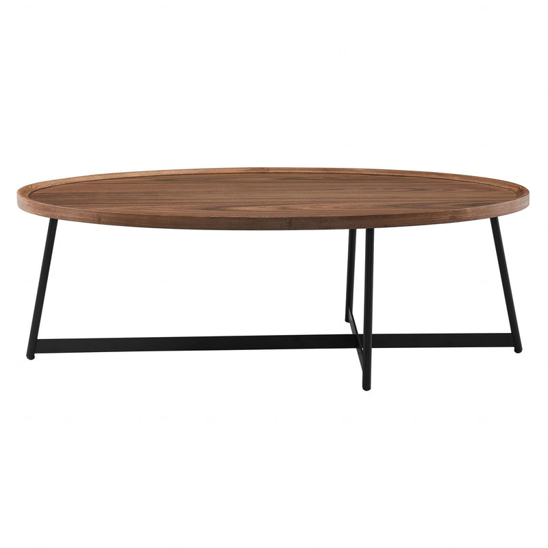 Oval coffee table with brown wood top and black metal legs