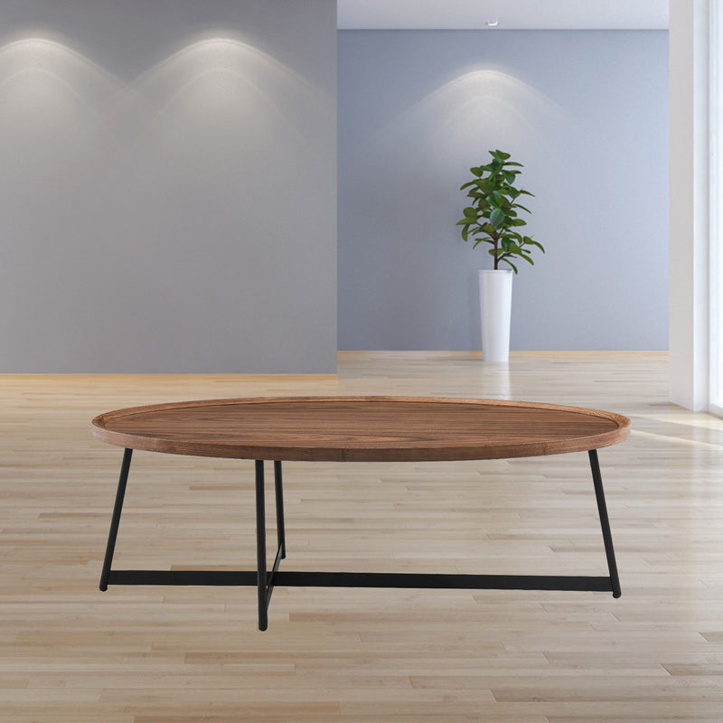 Oval coffee table with brown wood top and black metal legs, low profile