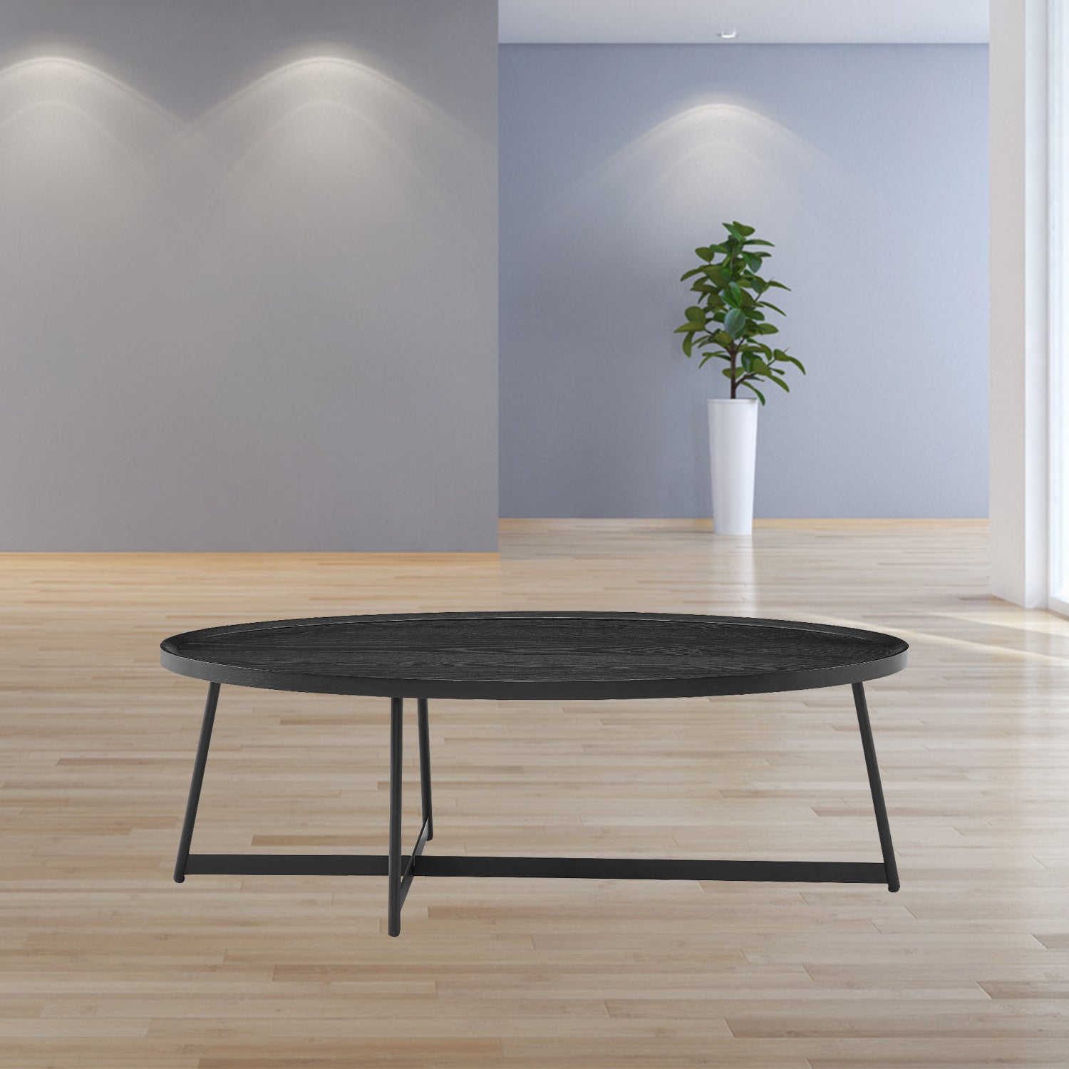 47" Black Wood And Metal Oval Frame Coffee Table - Living Room
