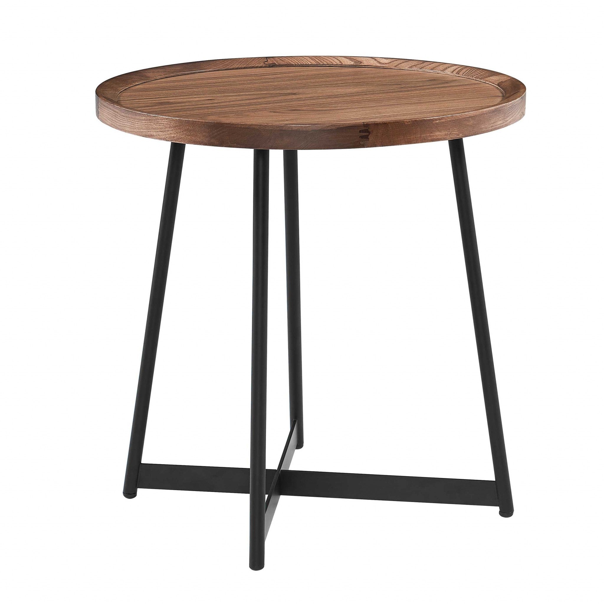 22" Brown and Black Wood and Steel Round Cross Legs End Table - Living Room
