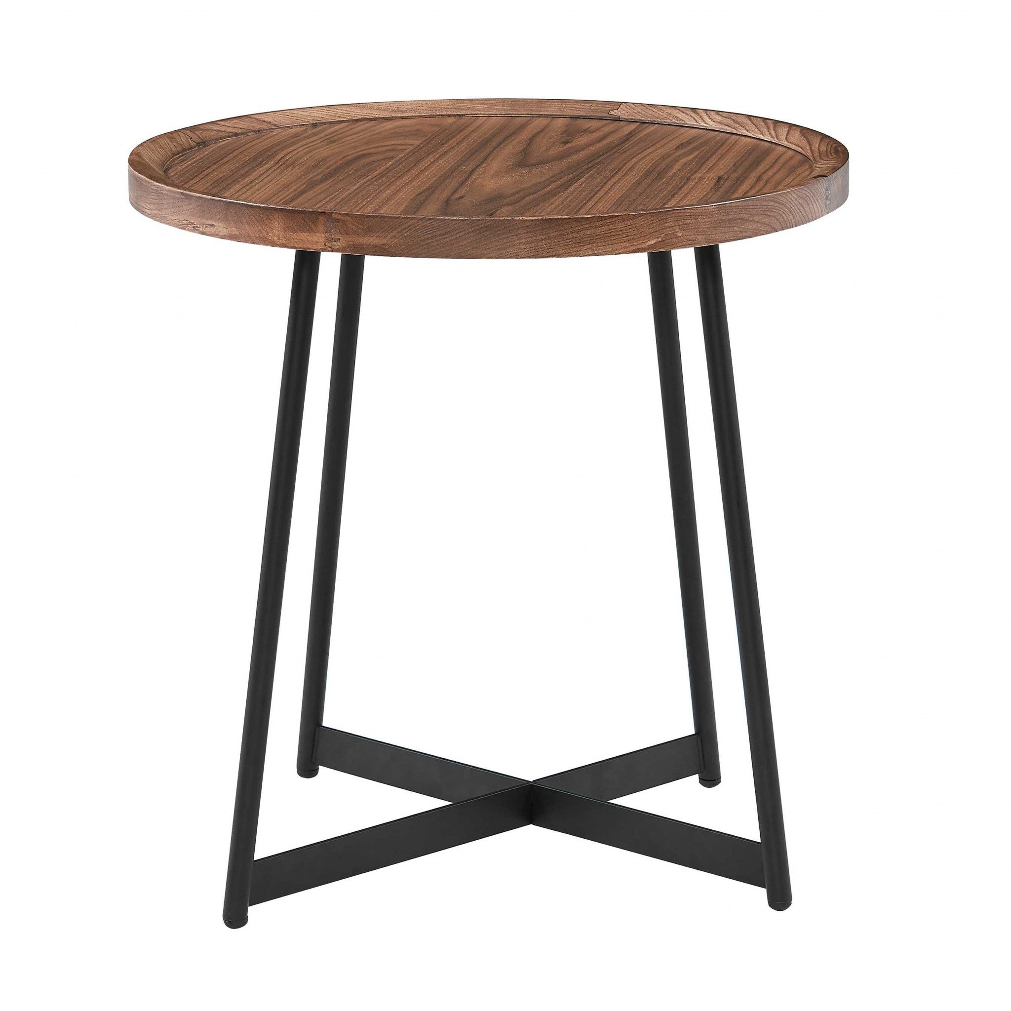 22" Brown and Black Wood and Steel Round Cross Legs End Table - Living Room