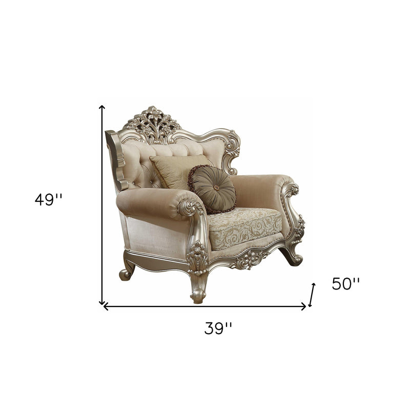 Champagne damask armchair with 39 in width and 50 in height measurement