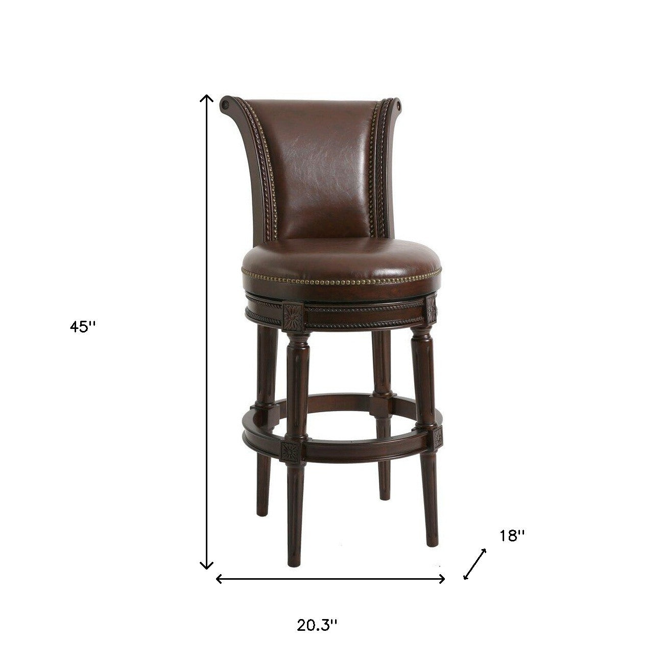 25" Walnut And Dark Brown Faux Leather And Solid Wood Bar Height Swivel Bar Chair - Living Room
