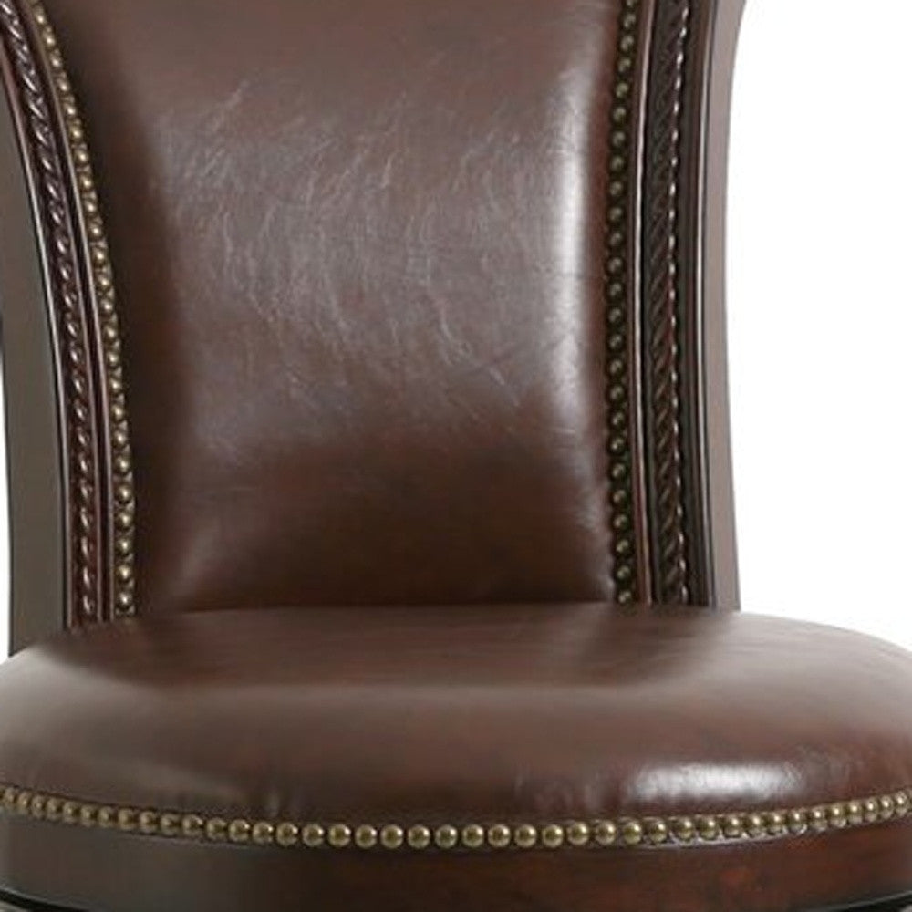 25" Walnut And Dark Brown Faux Leather And Solid Wood Bar Height Swivel Bar Chair - Living Room