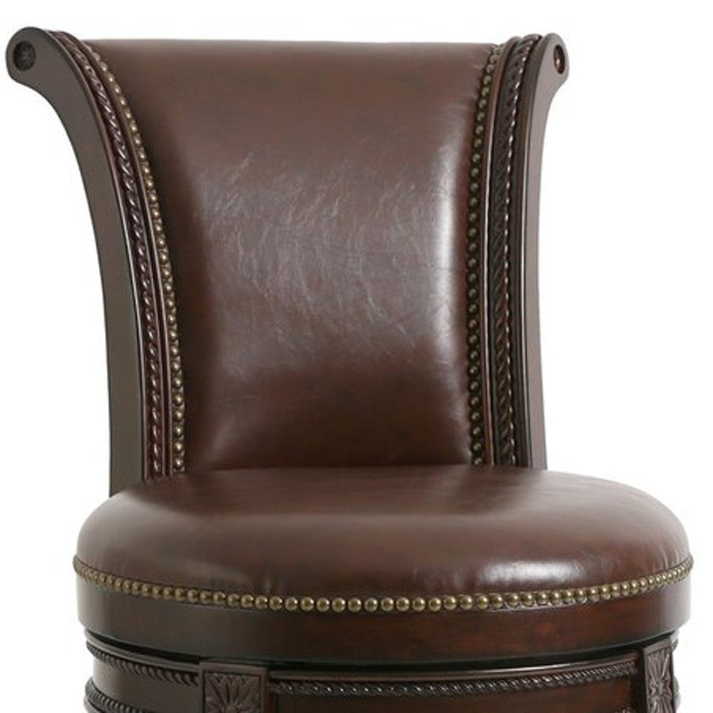 25" Walnut And Dark Brown Faux Leather And Solid Wood Bar Height Swivel Bar Chair - Living Room