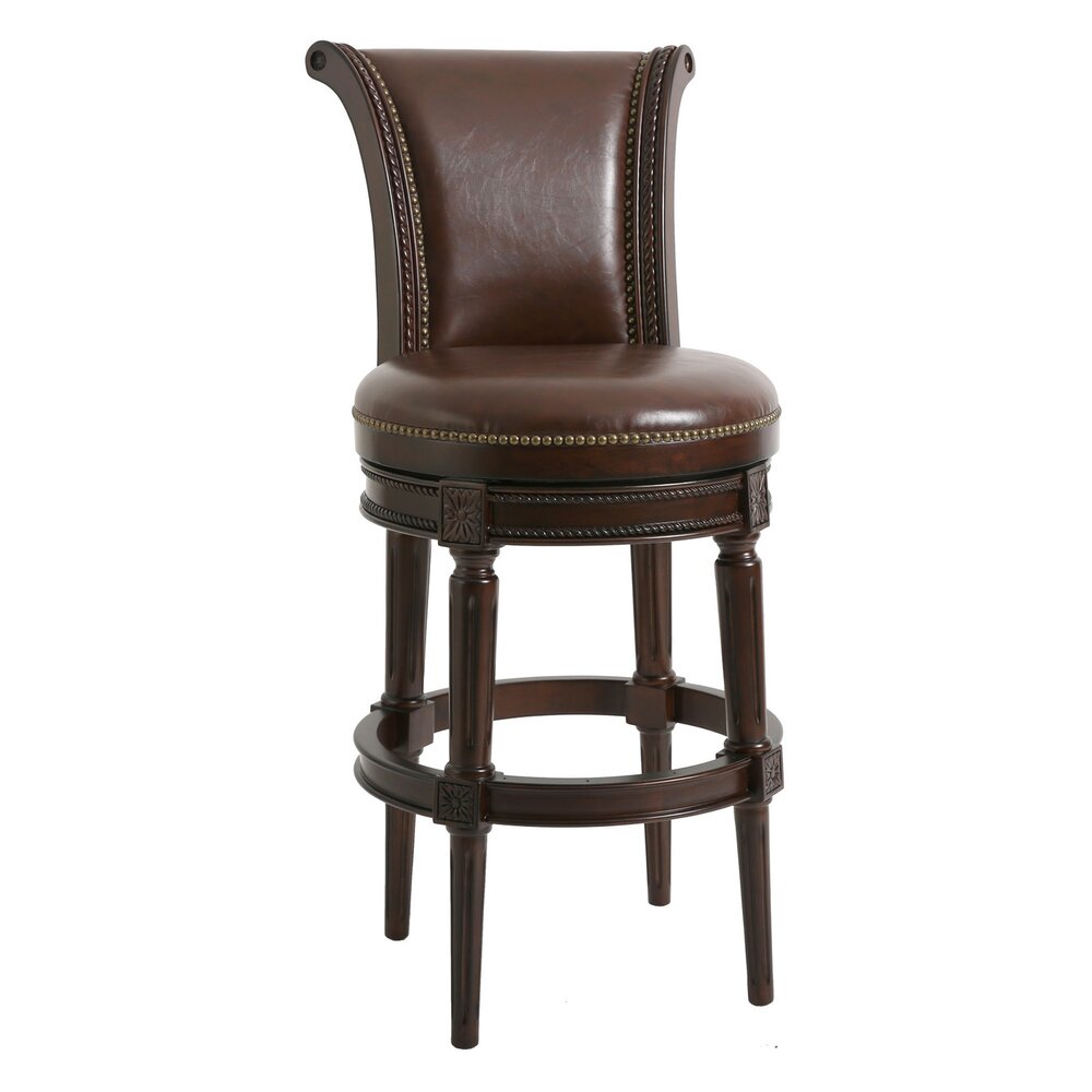 25" Walnut And Dark Brown Faux Leather And Solid Wood Bar Height Swivel Bar Chair - Living Room