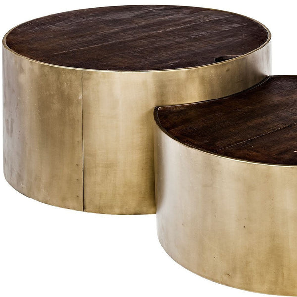 Brown round nested coffee tables with dark wood tops and gold metal bases